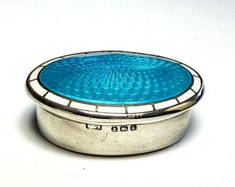 Sterling Silver Guilloche Enamel Top Pill Box English Antique 1909