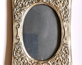 Ornate Repousse English Sterling Silver Picture Frame Velvet Easel Back Vintage