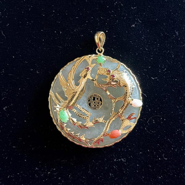 14K Gold Pendant Pale Green Jade Dragon Phoenix Good Fortune Hong Kong Vintage