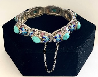 Chinese Export Silver Butterfly Turquoise Enamel Bracelet Vintage