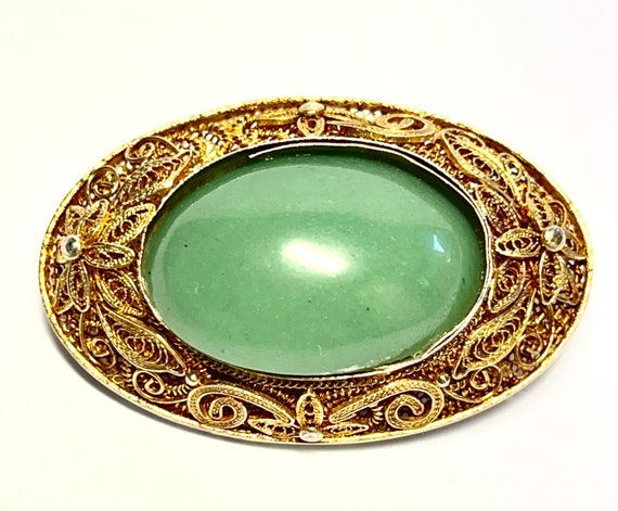 Chinese Gilt Silver Vermeil Filigree Oval Pin Bro… - image 1