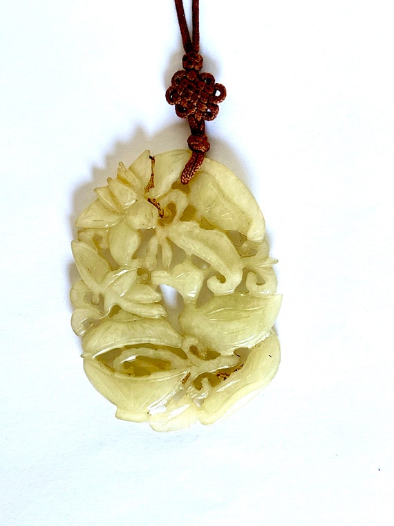 Antique Carved Openwork Pendant of Nephrite Celadon Jade Floral