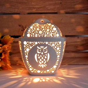 Ceramic owl tea light holder - bird lover birthday gift for her Candle lantern with carved owl or fruit bowl with lid