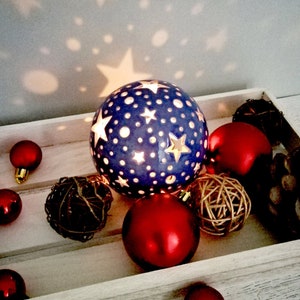 Blue candle lantern - christmas star decor shadow lamp Blue pottery tea light holder - holiday table centerpiece and night light decorations