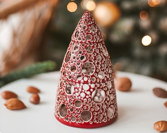 Red christmas tree decorative ceramic tealight holder Lantern centerpiece scandinavian candle tree figurine 2023 New year gift for husband