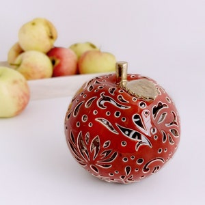 Apple figurine tea light holder - gift for mother Ceramic candle holder - christmas red tray decor Pottery apple xmas lantern