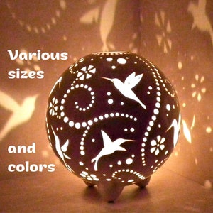 Hummingbird Ceramic Lantern, Pierced Tea Light Holder, Gardener Christmas Gift, Hand-Carved Pottery