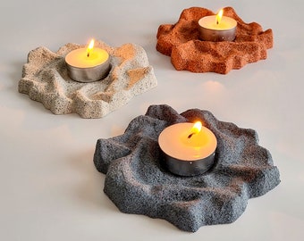 Stone imitation tea light holder- Christmas table decor Flat ceramic taper candle holder crumpled texture xmas gift for her his or coworker