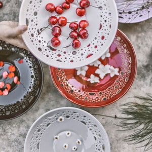 Black ceramic plate for Witchy decor Berry or fruit bowl with holes for dia de los muertos Witchy gothic decoration image 6