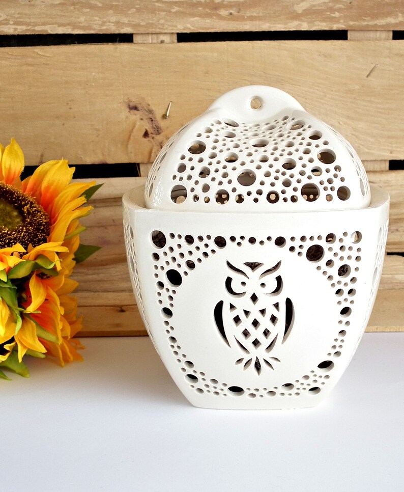 Ceramic owl tealight holder Candle lantern with carved owl Etsy