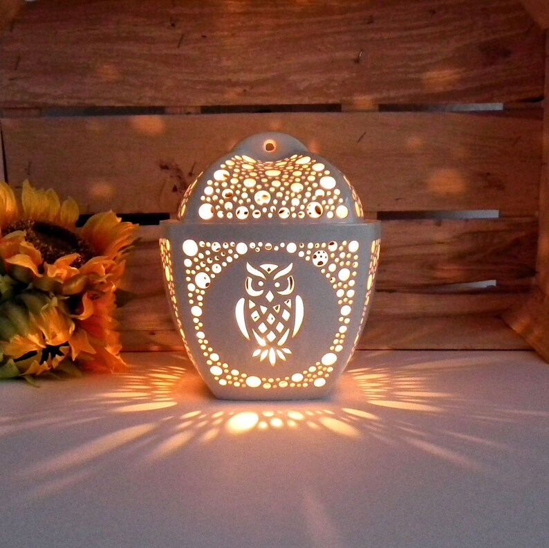 Ceramic owl tealight holder Candle lantern with carved owl Etsy