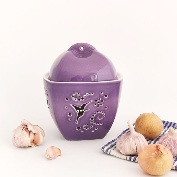 Conserve d'ail ou de gingembre - un cadeau utile en poterie pour lui ou elle Support d'oignon en céramique - bocal de rangement Bol à fruits ou garde-ail avec couvercle