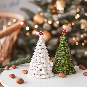 Keramik Weihnachtsbaum mit Lichtern Teelichthalter für Urlaub Kaminsims Dekor Tischdekoration Kerze Laterne Baum Kerzenhalter - Weihnachtsgeschenk