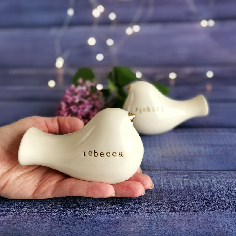 Ceramic bird love wedding cake topper for newlywed gift Ceramic cake topper Wedding reception decor Couples name centerpiece image 2