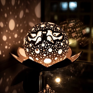 May include: A decorative black and white ceramic lamp with a spherical shade featuring cut-out patterns and bird silhouettes. The lamp sits on a black lotus-shaped base, casting a warm glow and patterned shadows.
