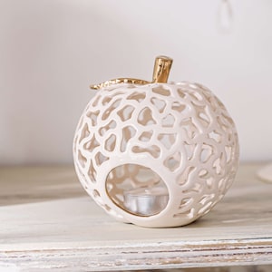 Keramik Teelichthalter Apfelfigur mit Blattgold - Weihnachtsgeschenk oder Safari Thema Geburtstag Dekor Garten Geschenk und Party Herzstück