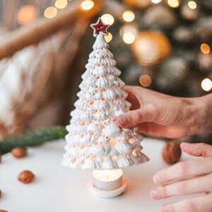 Candle lantern Christmas tree table centerpiece Ceramic Xmas tree for Christmas gift Tealight holder Christmas luminary Candle holder White