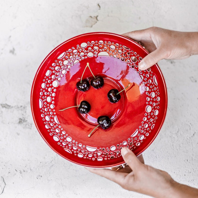 Black ceramic plate for Witchy decor Berry or fruit bowl with holes for dia de los muertos Witchy gothic decoration Dark Red