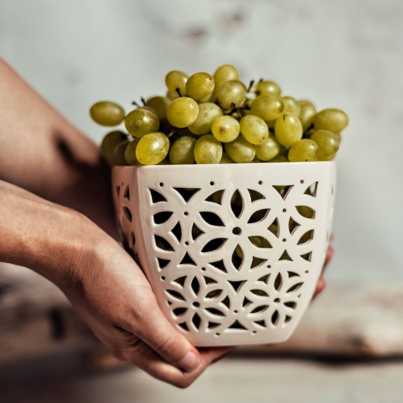 Large ceramic fruit bowl cut out Pottery jar with lid housewarming gift Decorative large berry or fruit colander Ceramic candle lantern image 1