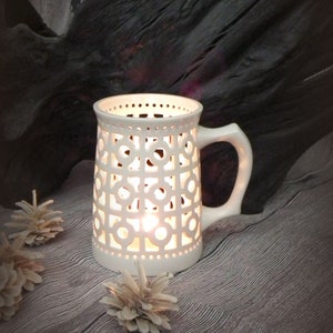 White tea light holder with handle Operwork farmhouse ceramics candle holder Handmade living room candle lantern