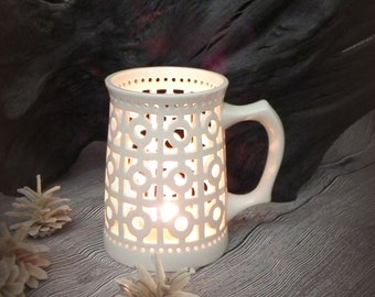 White tea light holder with handle Operwork farmhouse ceramics candle holder Handmade living room candle lantern