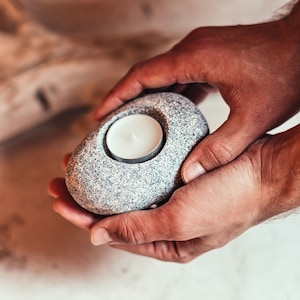 Tea light holder beach pebbles imitation Boho lights - nautical lantern centerpiece Beach rock or sea stone imitation small candle holder