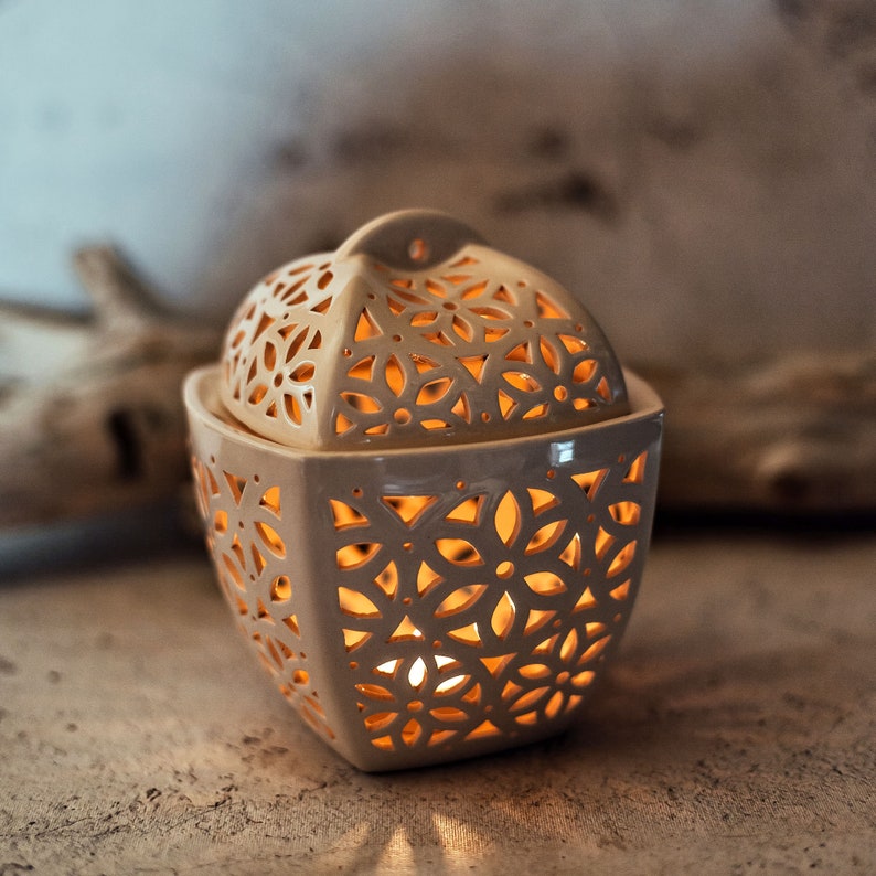 Large ceramic fruit bowl cut out Pottery jar with lid housewarming gift Decorative large berry or fruit colander Ceramic candle lantern image 6