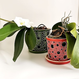 Red orchid pot - plant mom gift Orchid planter with saucer - nerdy housewarming gift