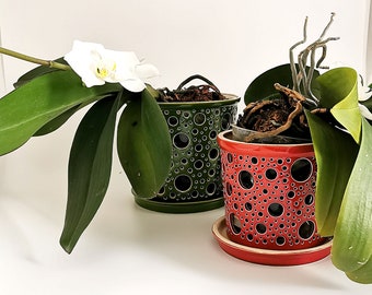 Red Carved Ceramic Orchid Planter with Saucer