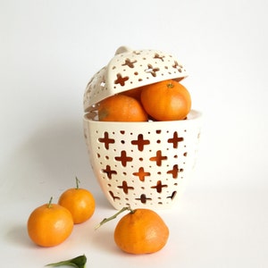 Large ceramic fruit bowl cut out Pottery jar with lid housewarming gift Decorative large berry or fruit colander Ceramic candle lantern image 9