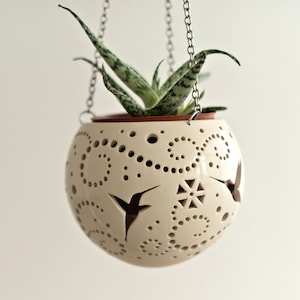Ceramic hanging planter with hummingbird - happy retirement gifts for women Small plant pot or airplant holder - nerdy gifts for her