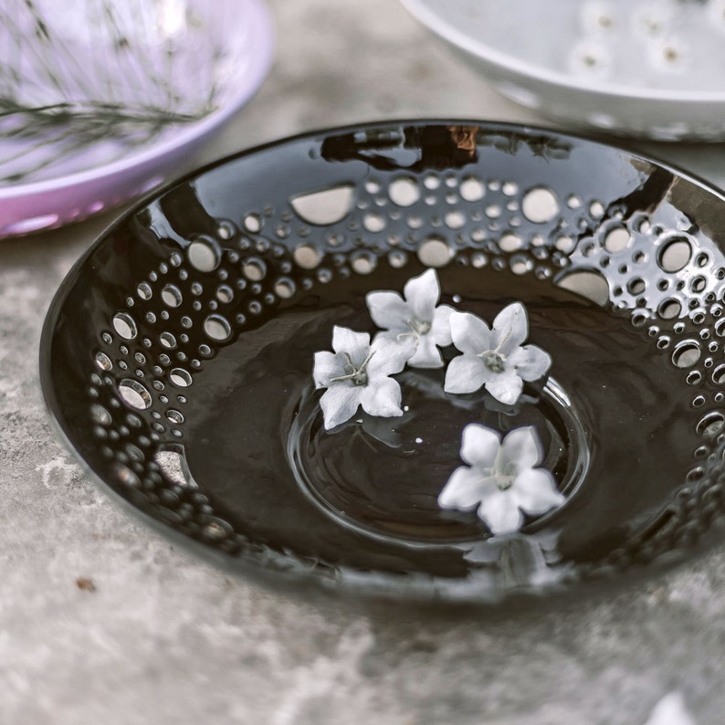 Black ceramic plate for Witchy decor Berry or fruit bowl with holes for dia de los muertos Witchy gothic decoration image 2