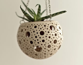Puede incluir: Una maceta colgante esférica de cerámica color crema con numerosas perforaciones circulares. La maceta está suspendida por una cadena plateada y contiene una planta suculenta verde. Diseño moderno, apto para interior o exterior.