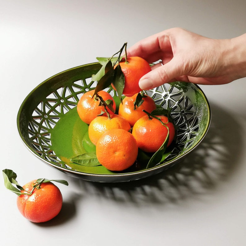 Ceramic fruit or berry bowl with holes Christmas table decor Ceramic green plate handmade centerpiece carved bowl Pottery centerpiece image 1