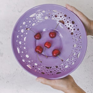 Black ceramic plate for Witchy decor Berry or fruit bowl with holes for dia de los muertos Witchy gothic decoration Purple