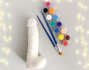 独身パーティー用ペニス ペイント キット - 陶器の置物、ブラシ、絵の具 12 色付き