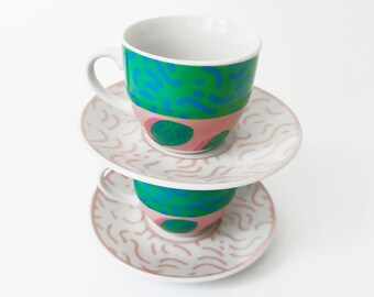 Vintage Set Two Coffee Cups 80s Memphis Milano Style Saucers Tea Sets Ceramic Plates Mugs Designer Drinkware Serving Retro 1980s Geometric
