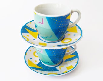 Vintage Set Two Coffee Cups 80s Memphis Milano Style Saucers Tea Sets Ceramic Plates Mugs Designer Drinkware Serving Retro 1980s Geometric