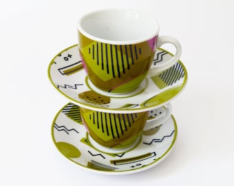 Vintage Set Two Coffee Cups 80s Memphis Milano Style Saucers Tea Sets Ceramic Plates Mugs Designer Drinkware Serving Retro 1980s Geometric