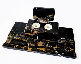 Vintage Black Marble Inkwell Double Ceramic Container Pen Inkstand Writing Set Art Deco Style Home Office Desk Accessory Dish Tray Ceramic