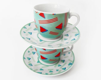 Vintage Set Two Coffee Cups 80s Memphis Milano Style Saucers Tea Sets Ceramic Plates Mugs Designer Drinkware Serving Retro 1980s Geometric