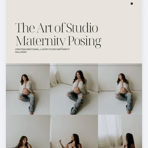 Peut inclure: Image promotionnelle avec le texte "The Art of Studio Maternity Posing". L'image présente une série de photos d'une personne enceinte en haut blanc et jean déchiré, posant en studio. Les photos sont disposées en grille.