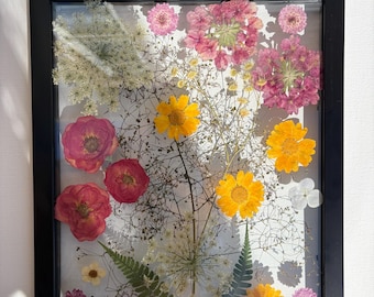 Gepresste Blumenkunst im Schattenfugenrahmen: Echtes getrocknetes Herbarium