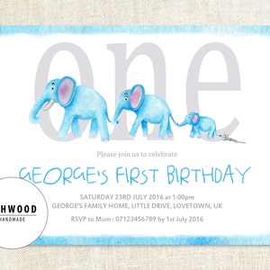 Éléphants bleus personnalisé bébé garçons première invitation d’anniversaire-fichier imprimable numérique