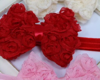 Chiffon Rosette Bow Headband - Available in Red, Ivory or Pink