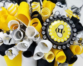 Funky Loopy Bow - Bee Theme - Yellow, White & Black - Black Ostrich Marabou Puff - READY TO SHIP