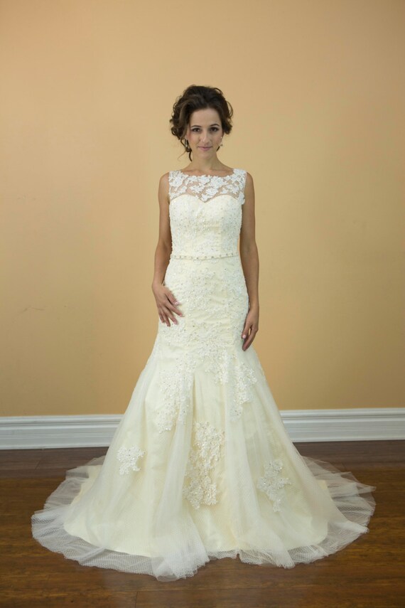 Champagne Boat Neck Lace With Crystal Belt Wedding Dress Etsy