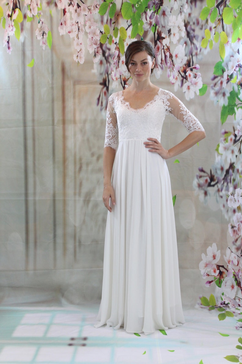 Simple Lace Half Sleeves Chiffon Dress Beach Wedding Dress Etsy