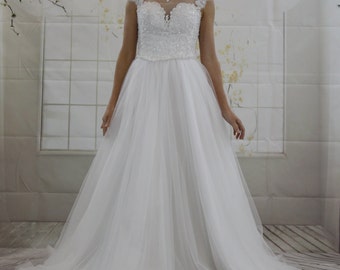 Princess Illusion Neckline Heavy Top Beadings A line Wedding dress, Lace Open Back White Bridal Dress