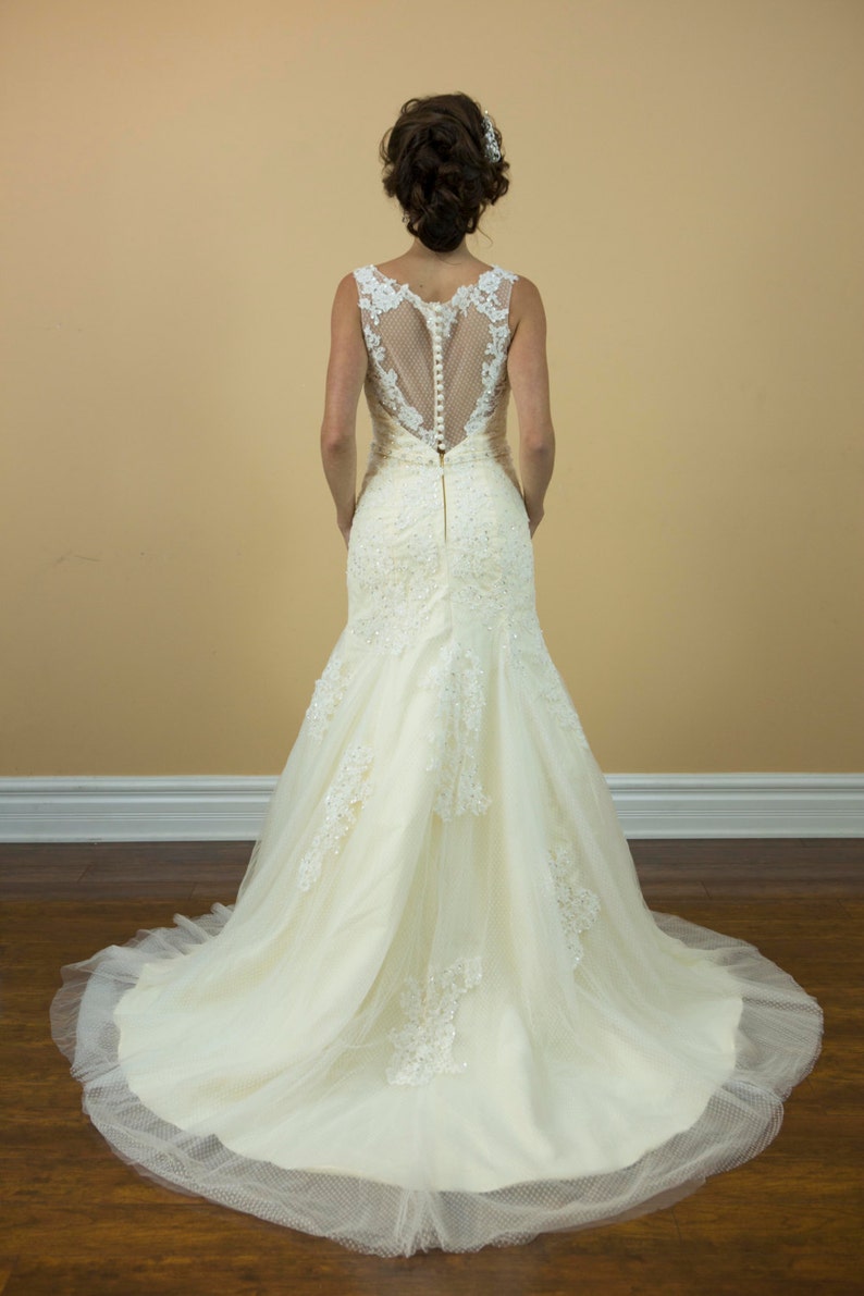 Champagne boat neck lace with crystal belt wedding dress